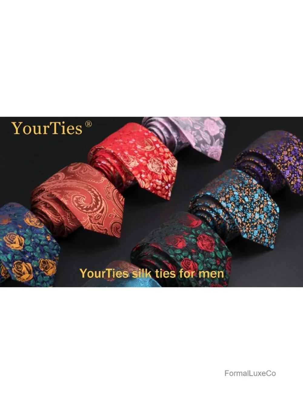 Mens Silk Floral Necktie Set with Pocket Square, Cufflinks & Tie Clip